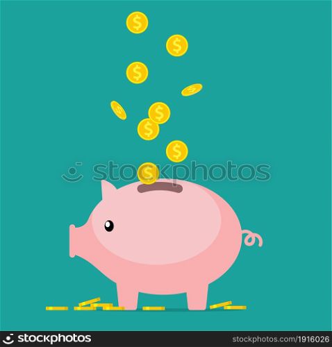Pig piggy bank with coins. The concept of saving or save money or open a bank deposit. Vector illustration in flat style. Pig piggy bank