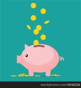 Pig piggy bank with coins. The concept of saving or save money or open a bank deposit. Vector illustration in flat style. Pig piggy bank