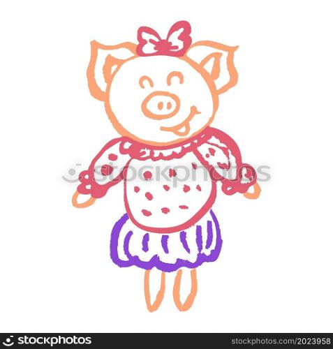 Pig, piglet. Icon in hand draw style. Drawing with wax crayons, colored chalk, children&rsquo;s creativity. Vector illustration. Sign, symbol, pin. Icon in hand draw style. Drawing with wax crayons, children&rsquo;s creativity