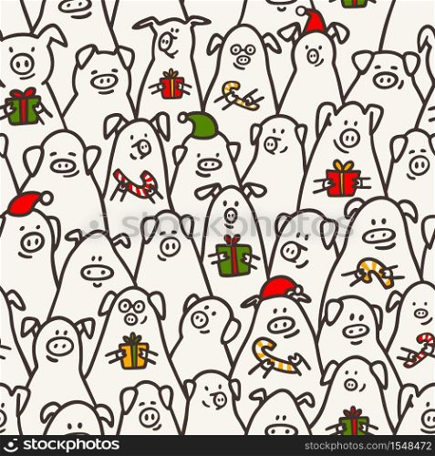 Pig seamless pattern. Funny pigs with candy canes, gifts and santa hats. 2019 Chinese New Year symbols. Doodle style characters for backgrounds, print, wrapping paper. Vector illustration. Pig seamless pattern. Funny pigs with candy canes, gifts and santa hats. 2019 Chinese New Year symbols. Doodle style characters for backgrounds, print, wrapping paper. Vector illustration.