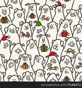 Pig seamless pattern. Funny pigs with candy canes, gifts and santa hats. 2019 Chinese New Year symbols. Doodle style characters for backgrounds, print, wrapping paper. Vector illustration. Pig seamless pattern. Funny pigs with candy canes, gifts and santa hats. 2019 Chinese New Year symbols. Doodle style characters for backgrounds, print, wrapping paper. Vector illustration.