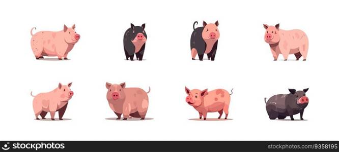 Pig set flat cartoon isolated on white background. Vector illustration
