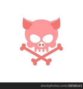 Pig skull with bones. Head skeleton of pig. Logo for Halloween. Pink skull farm animal