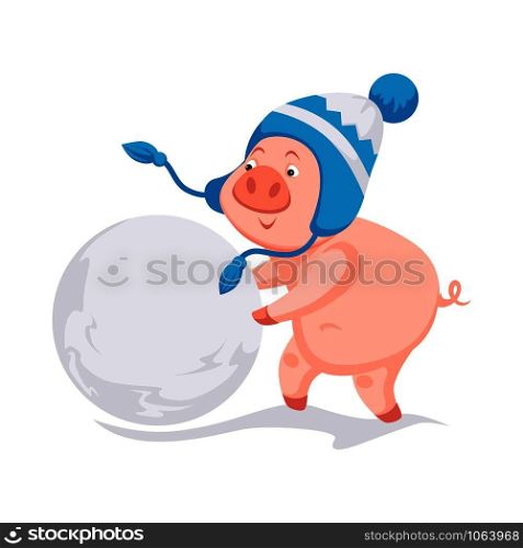 Pig symbol of 2019 new year making big ball of snow vector. Piglet wearing knitted hat decorated with ornaments, having fun outdoors. Winter holidays and activities, piggy animal on vacation. Pig symbol of 2019 new year making big ball of snow