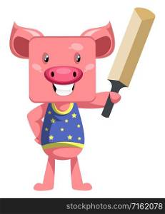 Pig with cricket bat, illustration, vector on white background.