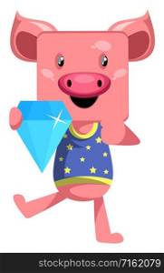 Pig with diamond, illustration, vector on white background.