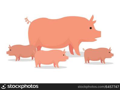 Pig with piglets llustration. Vector in flat style design. Domestic animal. Country inhabitants concept. Picture for farming, animal husbandry, meat production companies. Isolated on white background.. Pigs Flat Design Vector Illustration. On White.
