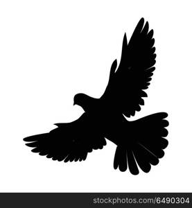 Pigeon Flat Design Vector Illustration. Pigeon vector. Religion, wedding, peace, pacifism, concept in black color. Illustration for religion attributes, childrens books illustrating. White pigeon flying wings spread isolated on white.