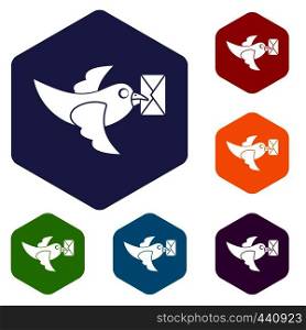 Pigeon fly with mail icons set hexagon isolated vector illustration. Pigeon fly with mail icons set hexagon