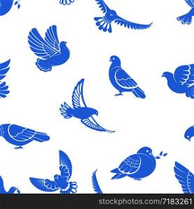 Pigeon or dove, white bird flying with spread wings in sky or sitting seamless pattern. Vector logo template or isolated symbol icon of peace freedom or post mail delivery and tattoo. Pigeon or dove, white bird flying with spread wings in sky or sitting seamless pattern.