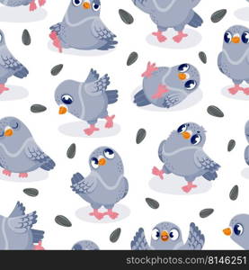 Pigeon pattern. Seamless print of cartoon colorful cute bird with funny face and emotions, group of mascot animals in motion. Vector texture. Adorable wild doves with seeds for fabric. Pigeon pattern. Seamless print of cartoon colorful cute bird with funny face and emotions, group of mascot animals in motion. Vector texture