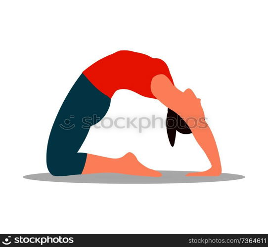 Pigeon position of yoga, woman wears training suit and does stretching pose, flexible girl in sport activity isolated cartoon vector illustration.. Pigeon Position of Yoga White Vector Illustration