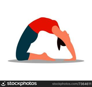 Pigeon position of yoga, woman wears training suit and does stretching pose, flexible girl in sport activity isolated cartoon vector illustration.. Pigeon Position of Yoga White Vector Illustration