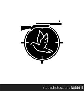 Pigeon shooting black glyph icon. Bird shooting competition. Roost and flighting dove hunt. Woodpigeon hunting. Equipment and rifle. Silhouette symbol on white space. Vector isolated illustration. Pigeon shooting black glyph icon