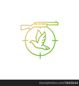 Pigeon shooting gradient linear vector icon. Shooting competition. Roost and flighting dove hunt. Equipment and rifle. Thin line color symbol. Modern style pictogram. Vector isolated outline drawing. Pigeon shooting gradient linear vector icon