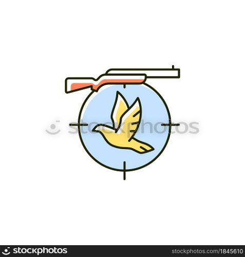 Pigeon shooting RGB color icon. Bird shooting competition. Roost and flighting dove hunt. Woodpigeon hunting. Equipment and rifle. Isolated vector illustration. Simple filled line drawing. Pigeon shooting RGB color icon