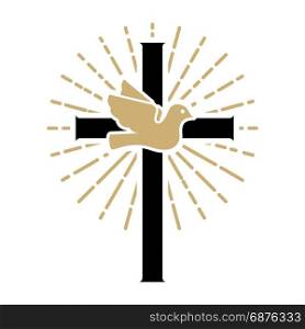 Pigeon with cross. Religious sign. Design elements for logo, label, emblem ,sign. Vector illustration