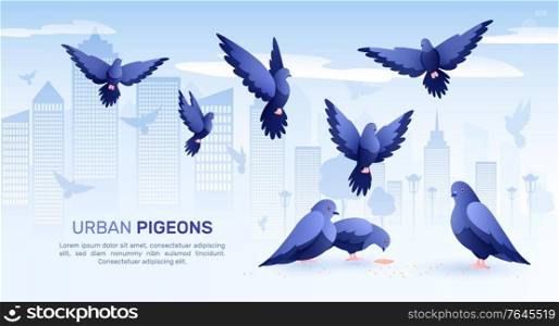 Pigeons flat composition with cityscape background silhouettes of birds and editable text with images of pigeons vector illustration
