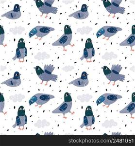 Pigeons seamless pattern. Cute print with doves pecking seeds. Street grey birds in different poses and angles. Urban inhabitants. Animals eating grains. City fauna. Avian flock. Vector background. Pigeons seamless pattern. Cute print with doves pecking seeds. Street grey birds in different poses and angles. Urban inhabitants. Avian flock. Animals eating grains. Vector background