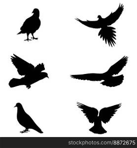 Pigeons silhouette vector illustrations on white background