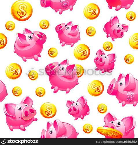 Piggy Bank and coins in white Seamless background