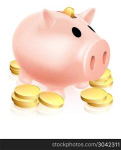 Piggy bank and gold coins. Illustration of a piggy bank money box with gold coins around it. Piggy bank and gold coins