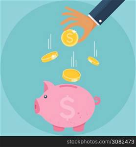 Piggy bank and hand with coin icon, financial growth concept of monetary collection or strategy of profit or benefit making in business. vector cartoon design.