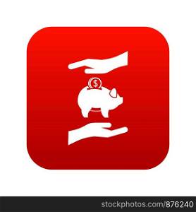 Piggy bank and hands icon digital red for any design isolated on white vector illustration. Piggy bank and hands icon digital red