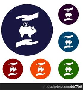 Piggy bank and hands icons set in flat circle reb, blue and green color for web. Piggy bank and hands icons set