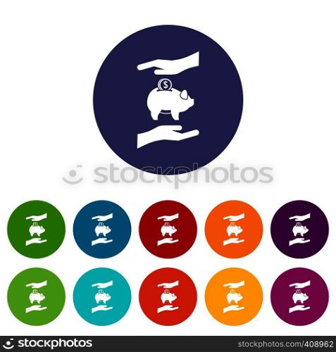 Piggy bank and hands set icons in different colors isolated on white background. Piggy bank and hands set icons