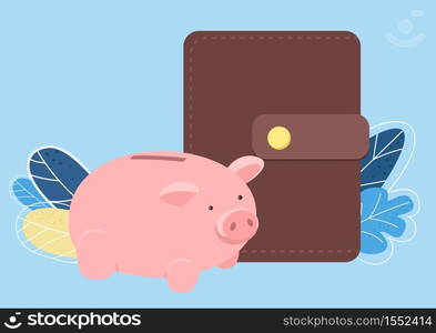 Piggy bank and wallet flat color vector object. Pink penny bank and money wallet. Funds and savings. Making savings isolated cartoon illustration for web graphic design and animation. Piggy bank and wallet flat color vector object