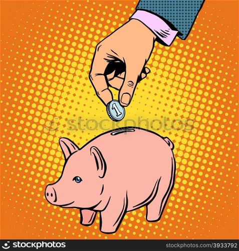 Piggy Bank contribution money pop art retro style. Banking Deposit business concept. Piggy Bank contribution money