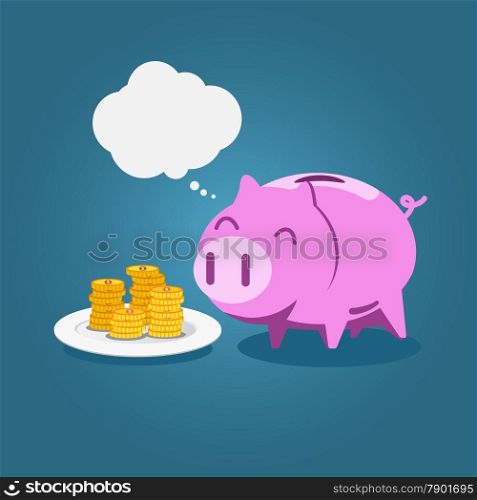 Piggy bank eat gold coin with blank bubble in flat style vector.&#xA;&#xA;&#xA;