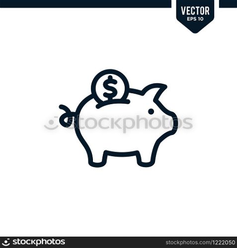 Piggy Bank icon collection in outlined or line art style, editable stroke vector