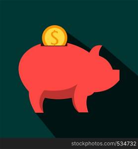 Piggy bank icon in flat style on a blue background. Piggy bank icon, flat style