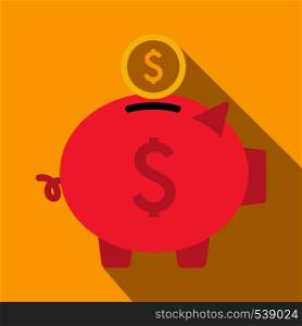 Piggy bank icon in flat style on a yellow background. Piggy bank icon, flat style