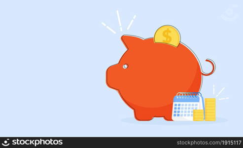 Piggy bank icon with coins vector illustration isolated on blue background. Saving, investment in future or save money or open a bank deposit concept. Flat style objects. Copy space for design or text