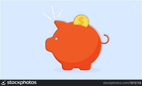 Piggy bank icon with coins vector illustration isolated on blue background. Saving, investment in future or save money or open a bank deposit concept. Flat style objects. Copy space for design or text