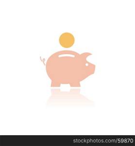 Piggy bank icon with color and reflection on a white background