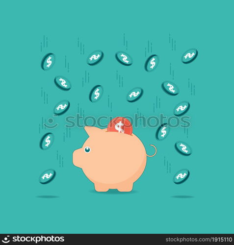 Piggy bank icon with falling coins vector illustration on a turquoise teal background. Saving, investment in future or save money or open a bank deposit concept. Flat style objects.