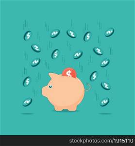 Piggy bank icon with falling coins vector illustration on a turquoise teal background. Saving, investment in future or save money or open a bank deposit concept. Flat style objects.