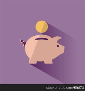 Piggy bank icon with shadow on a purple background