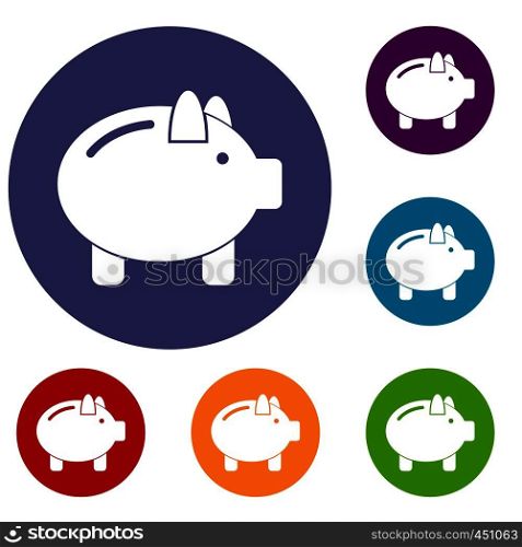 Piggy bank icons set in flat circle reb, blue and green color for web. Piggy bank icons set