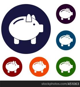 Piggy bank icons set in flat circle reb, blue and green color for web. Piggy bank icons set