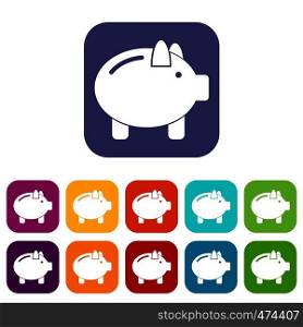 Piggy bank icons set vector illustration in flat style In colors red, blue, green and other. Piggy bank icons set