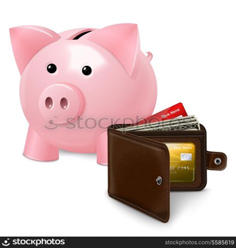 Piggy bank money box saving symbol with leather wallet money and credit card inside poster vector illustration.