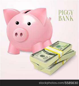 Piggy bank money box with cash dollar banknotes stack vector illustration.