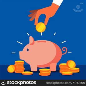 Piggy bank. Money box with falling gold coins. Deposit banking account and cash vector business concept. Illustration of savings dollar, piggybank and moneybox investing. Piggy bank. Money box with falling gold coins. Deposit banking account and cash vector business concept