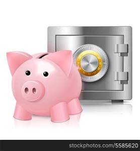 Piggy bank money box with metal steel secured safe poster vector illustration