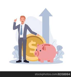 Piggy bank money savings concept. Businessman showing thumb up gesture near big golden coin and piggy bank. Arrow up rise. Vector illustration